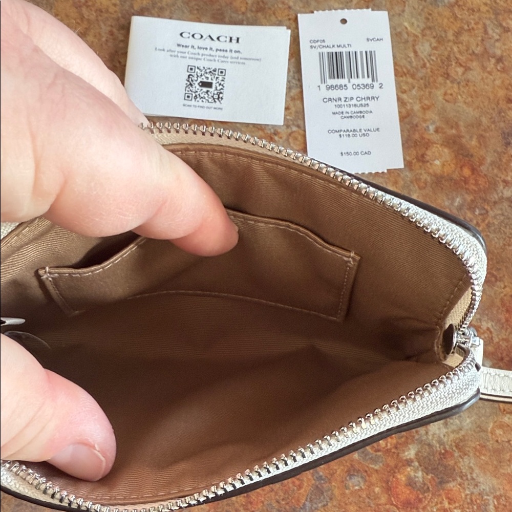 Black Coach Corner Zip Wristlet With Cherry Print - Picture 3 of 3
